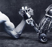 man and machine arm wrestling